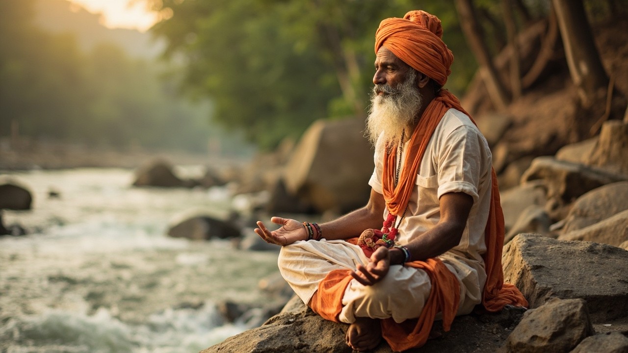 A Hindu Rishi Meditating By The Sacred River