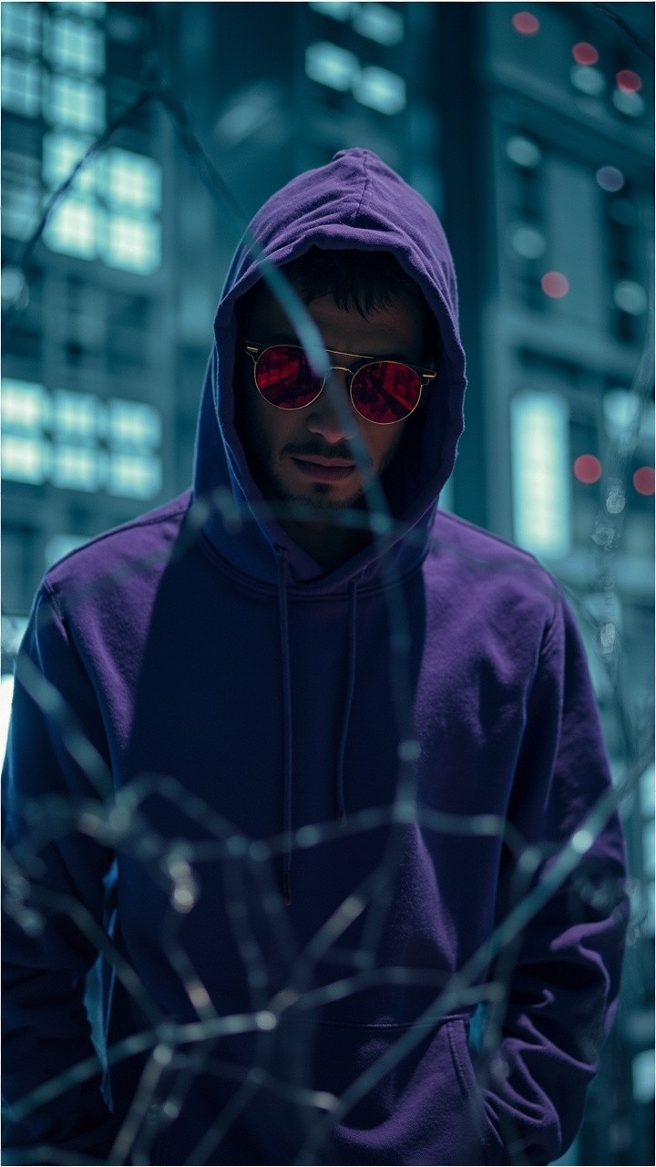 A Hipster Programmer Behind Cracked Glass in Cyberpunk