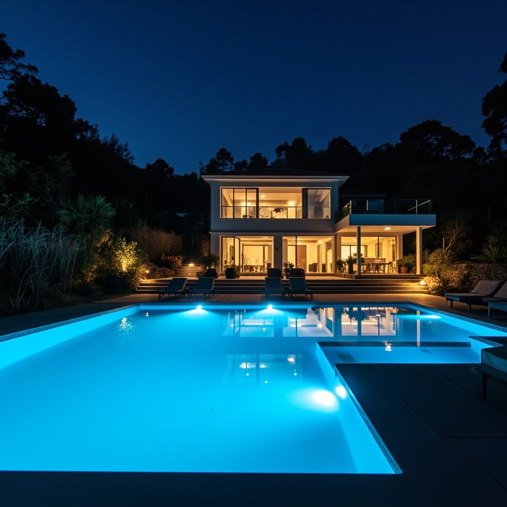 A House with Pool in Nighttime Setting