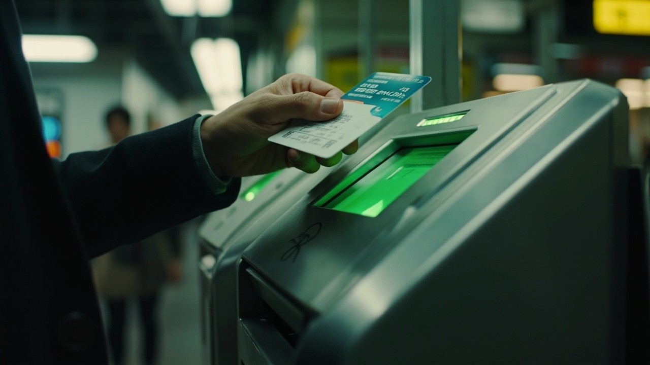 A Human Hand Swiping Metro Card on Terminal