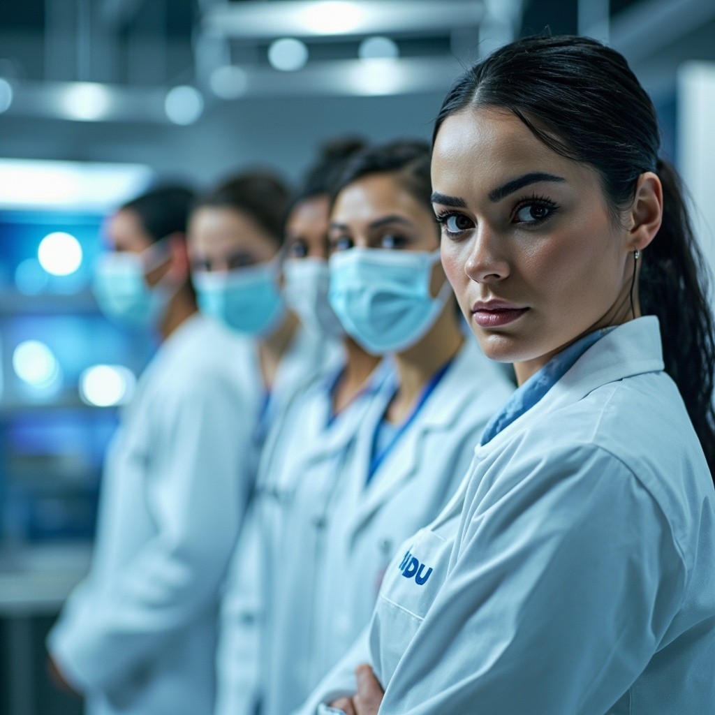 A Hyper-Realistic Medical Team Looking into Camera
