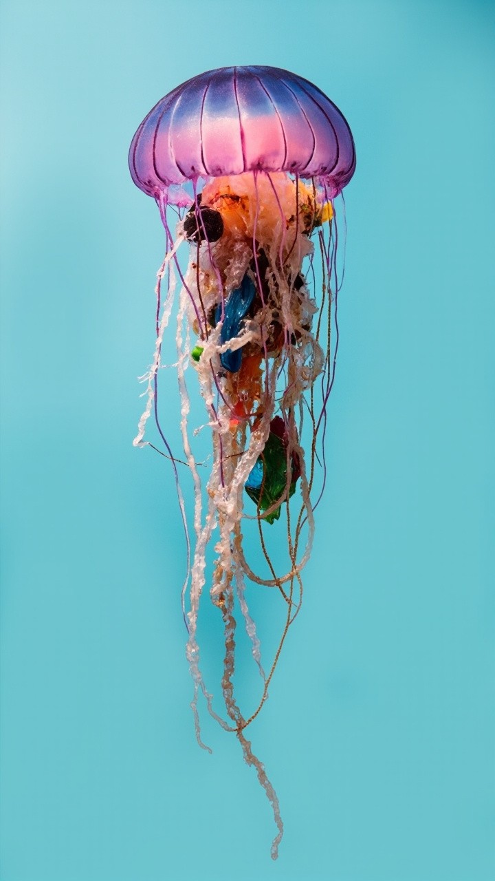 A Jellyfish Trapped in Plastic Ocean Waste