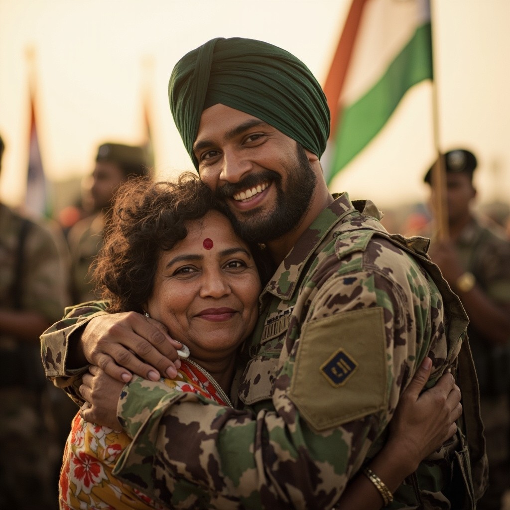 A Joyful Indian Soldier's Homecoming with Mother