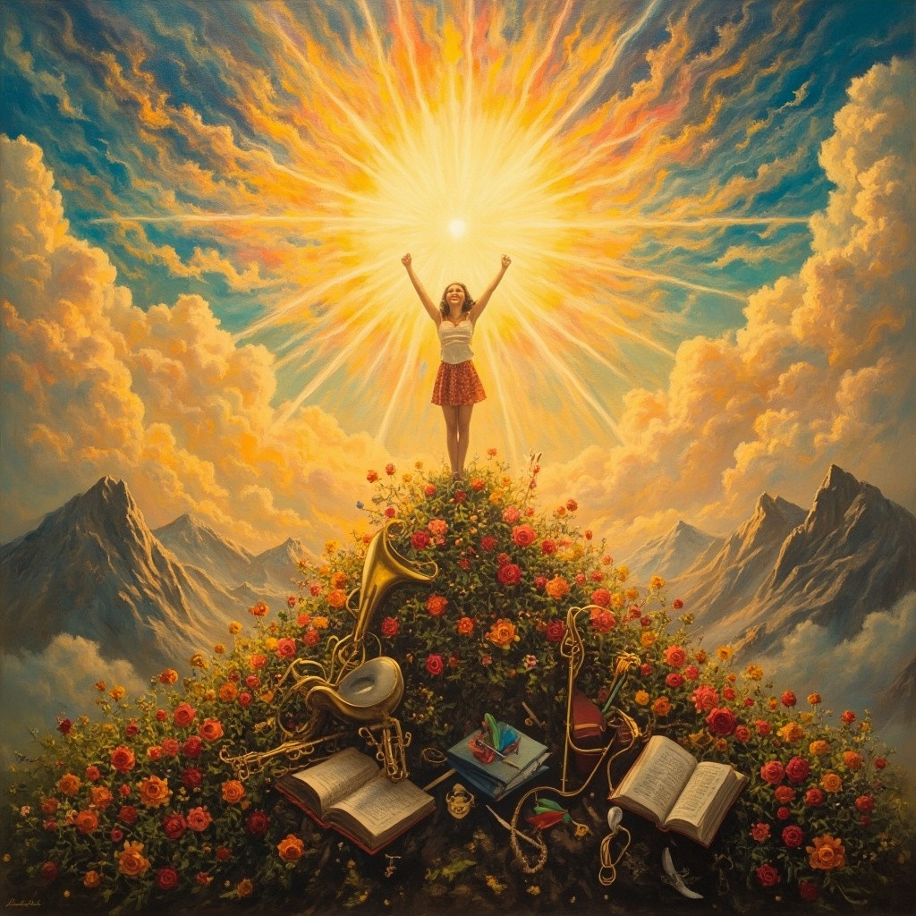 A Joyful Man on Success Mountain Amid Sunbeams