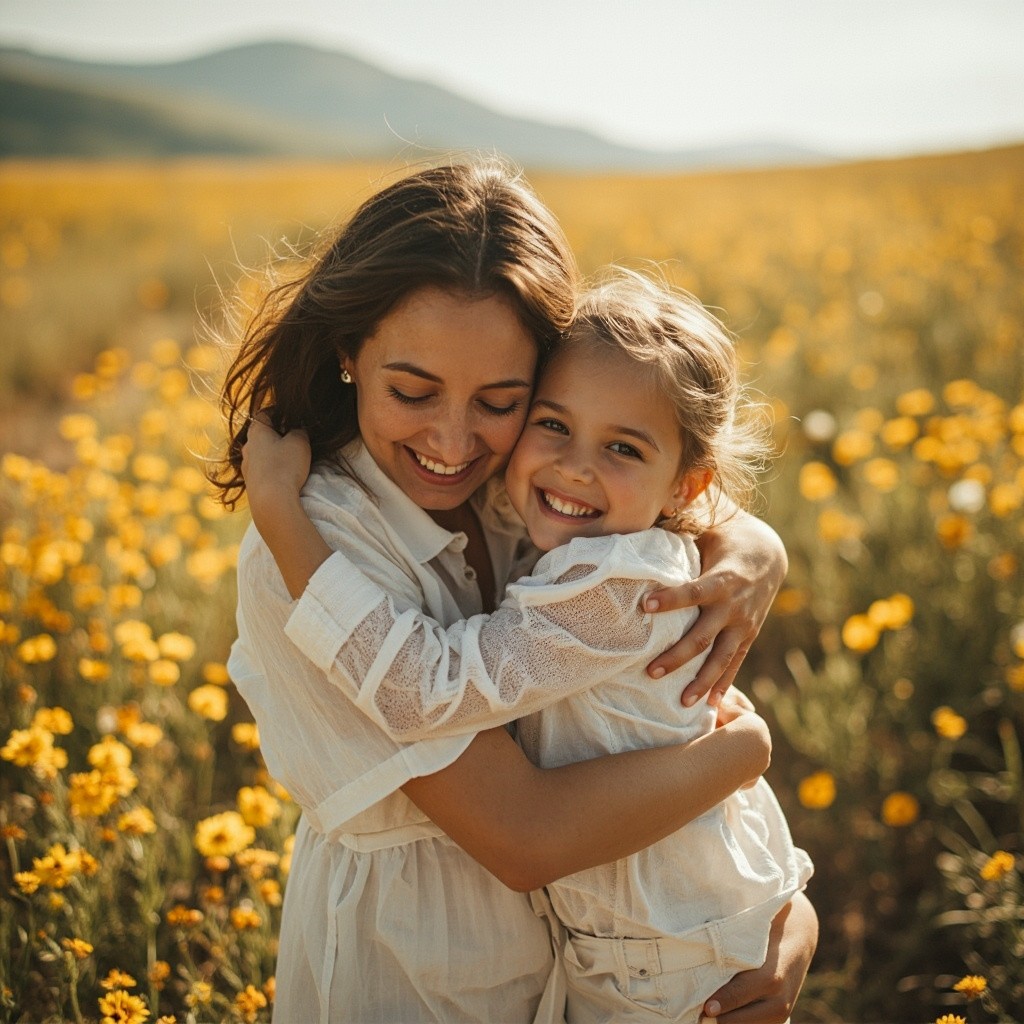 A Joyful Mother-Daughter Hug in a Flower Valley