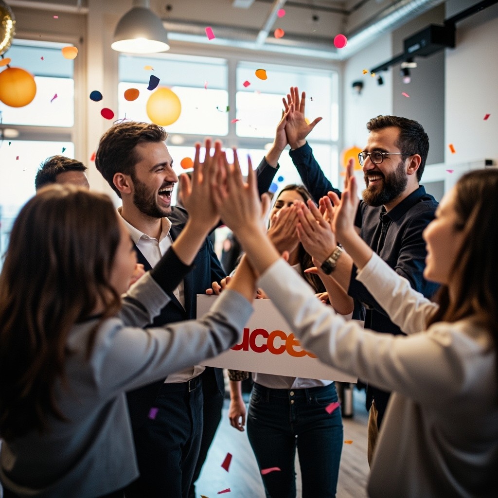 A Joyful Team Celebrates Office Success Milestone