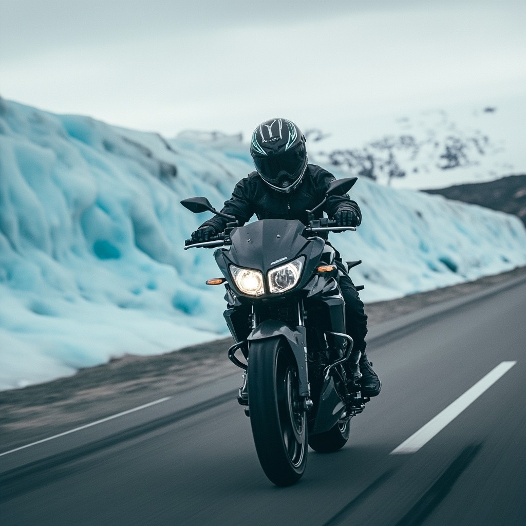 A Kawasaki-Like Bike Speeding on Glacial Highway