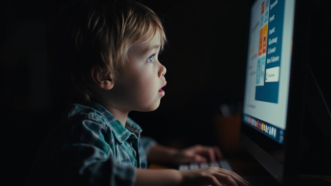 A Kid Immersed in Computer Light at Desk
