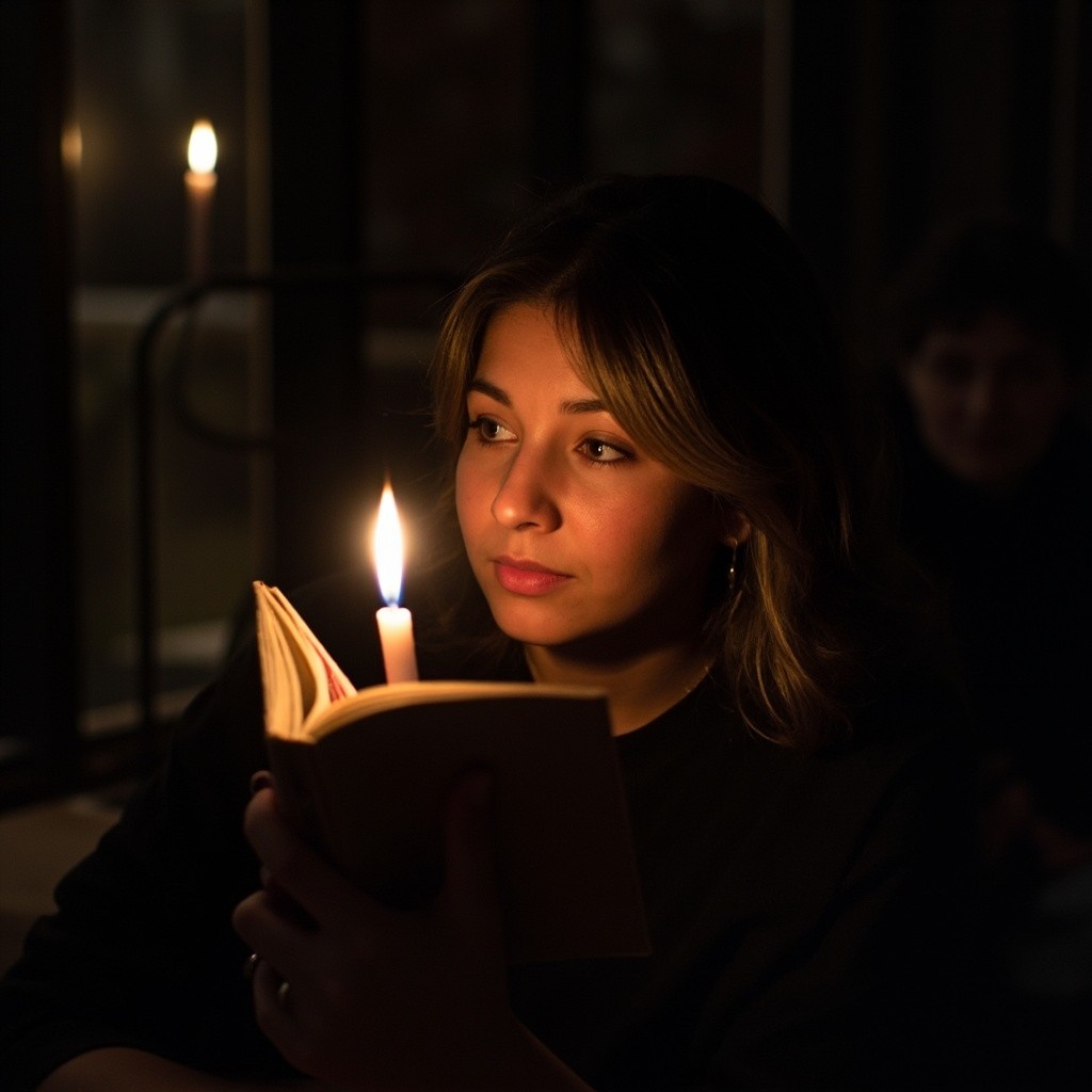 A Kid Reading Book by Candlelight