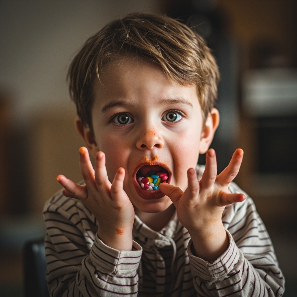 A Kid with Messy Hands Holding Candy