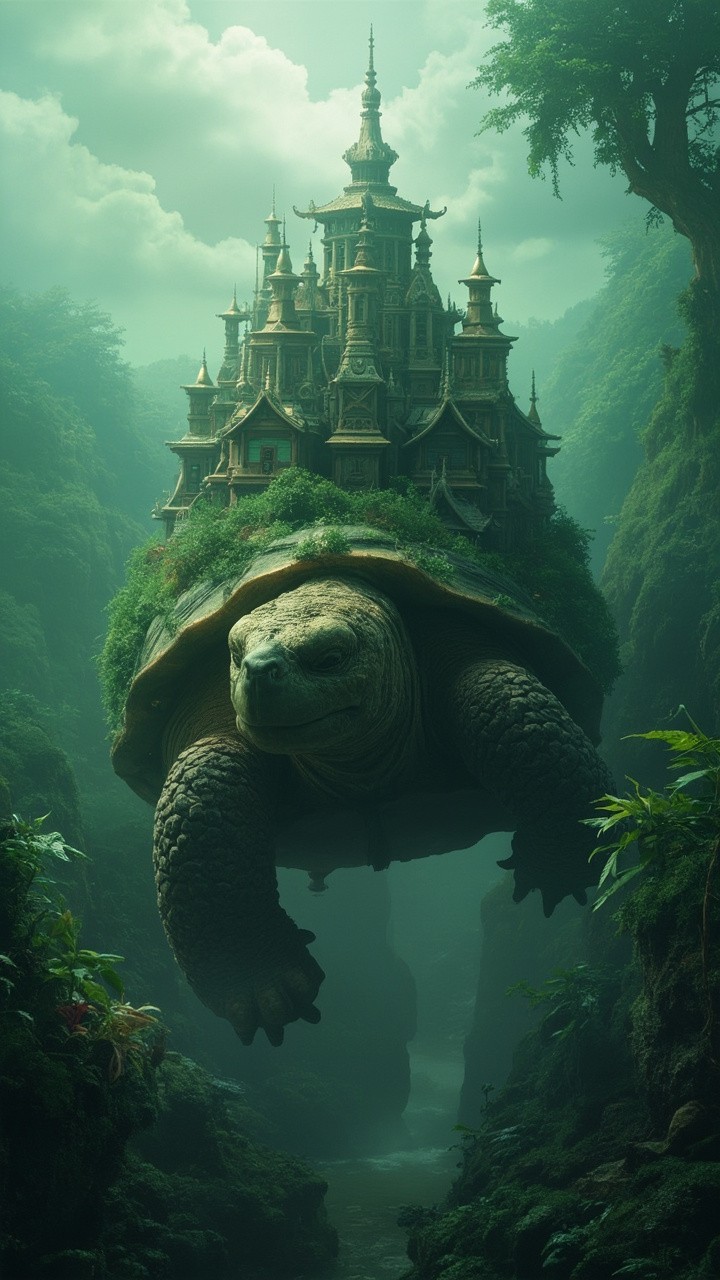 A Kingdom on a Giant Tortoise in Jungle Mist