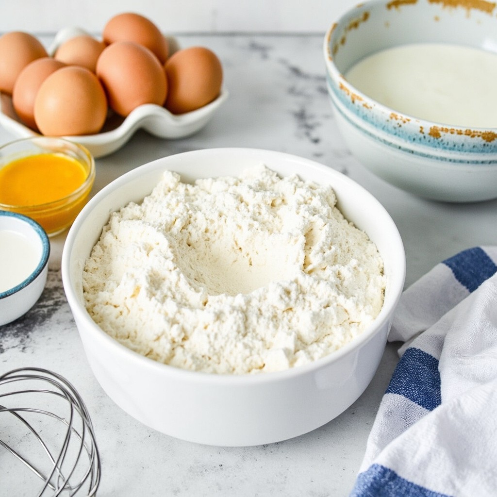 A Kitchen Counter with Flour, Eggs, and Milk