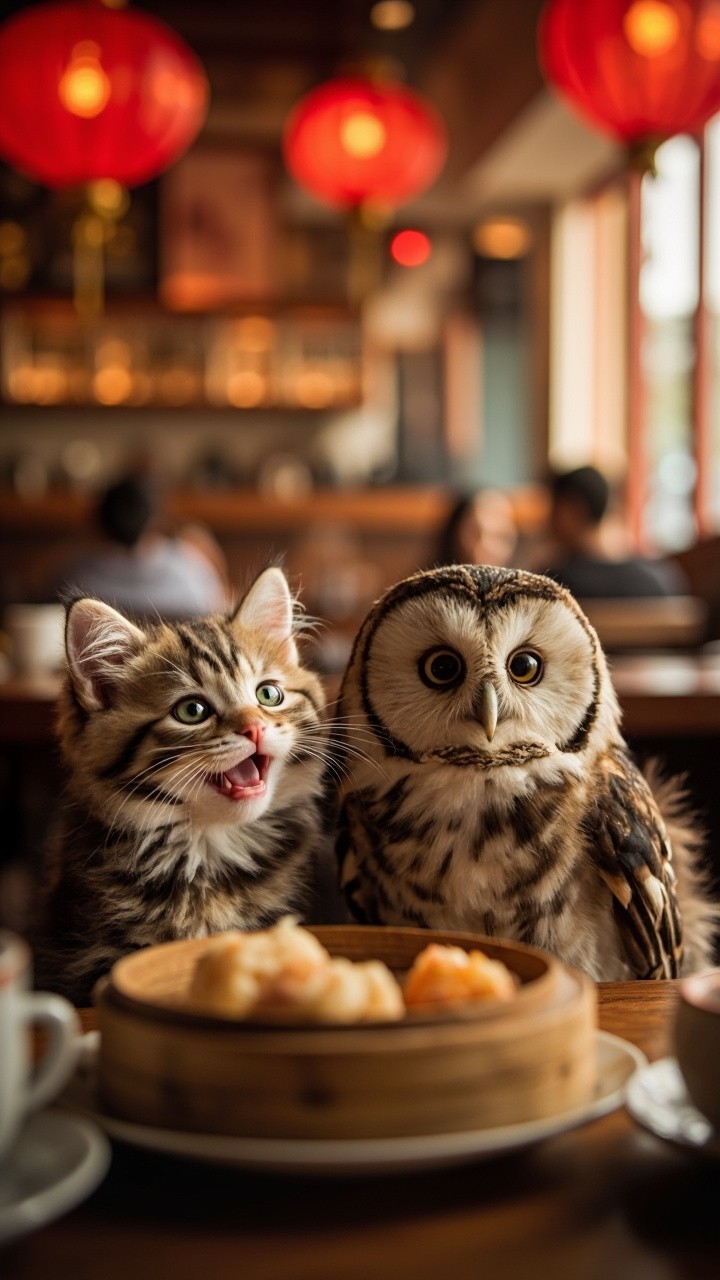 A Kitten and Owl Enjoying Dim Sum Together