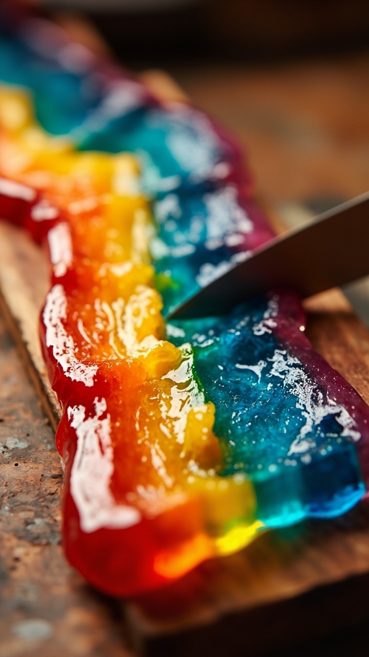 A Knife Cutting a Rainbow Ribbon Candy