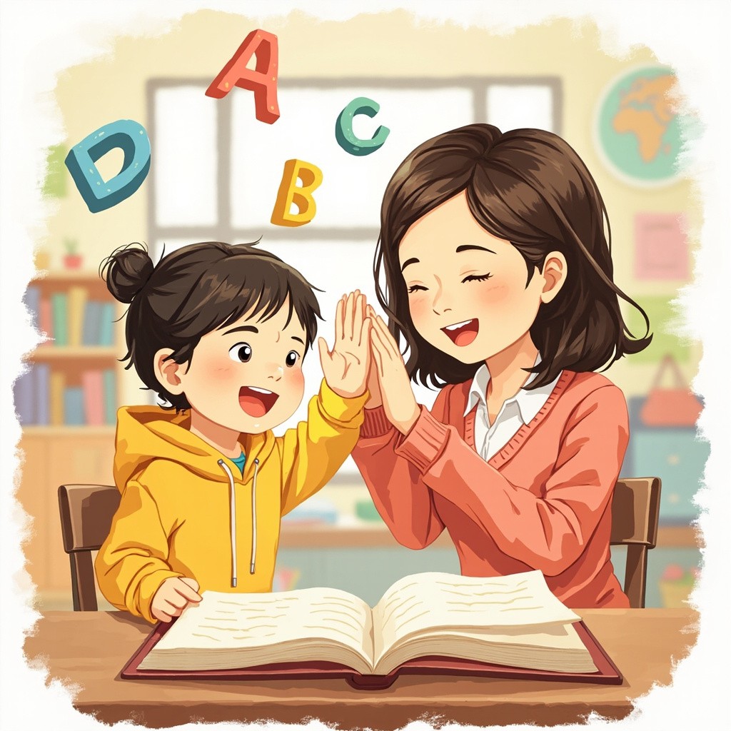 A Korean Girl and Teacher High-Fiving in Class