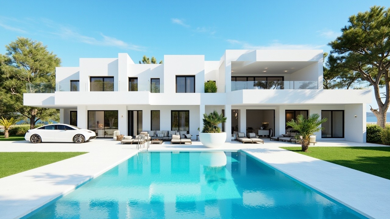 A Large White House with Pool and Car