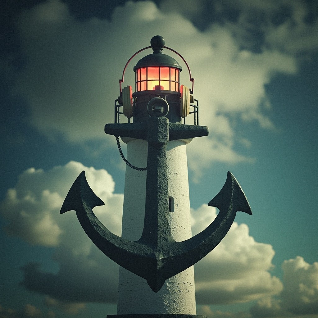 A Lighthouse Blended with Anchor Wearing Headphones