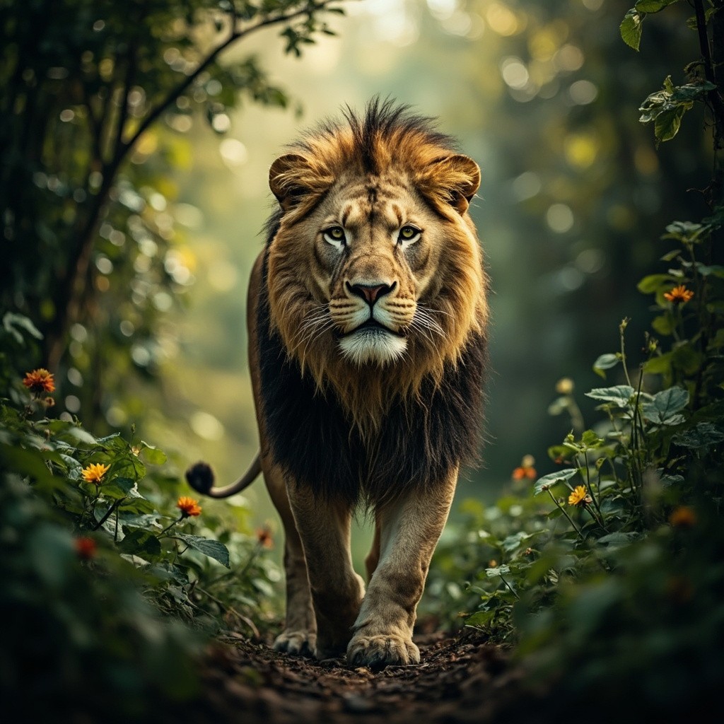 A Lion Walking in the Jungle