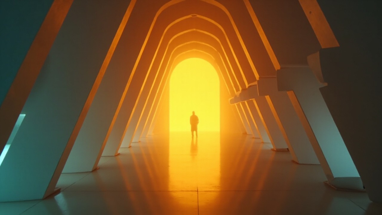 A Lone Figure in Futuristic Church Corridor