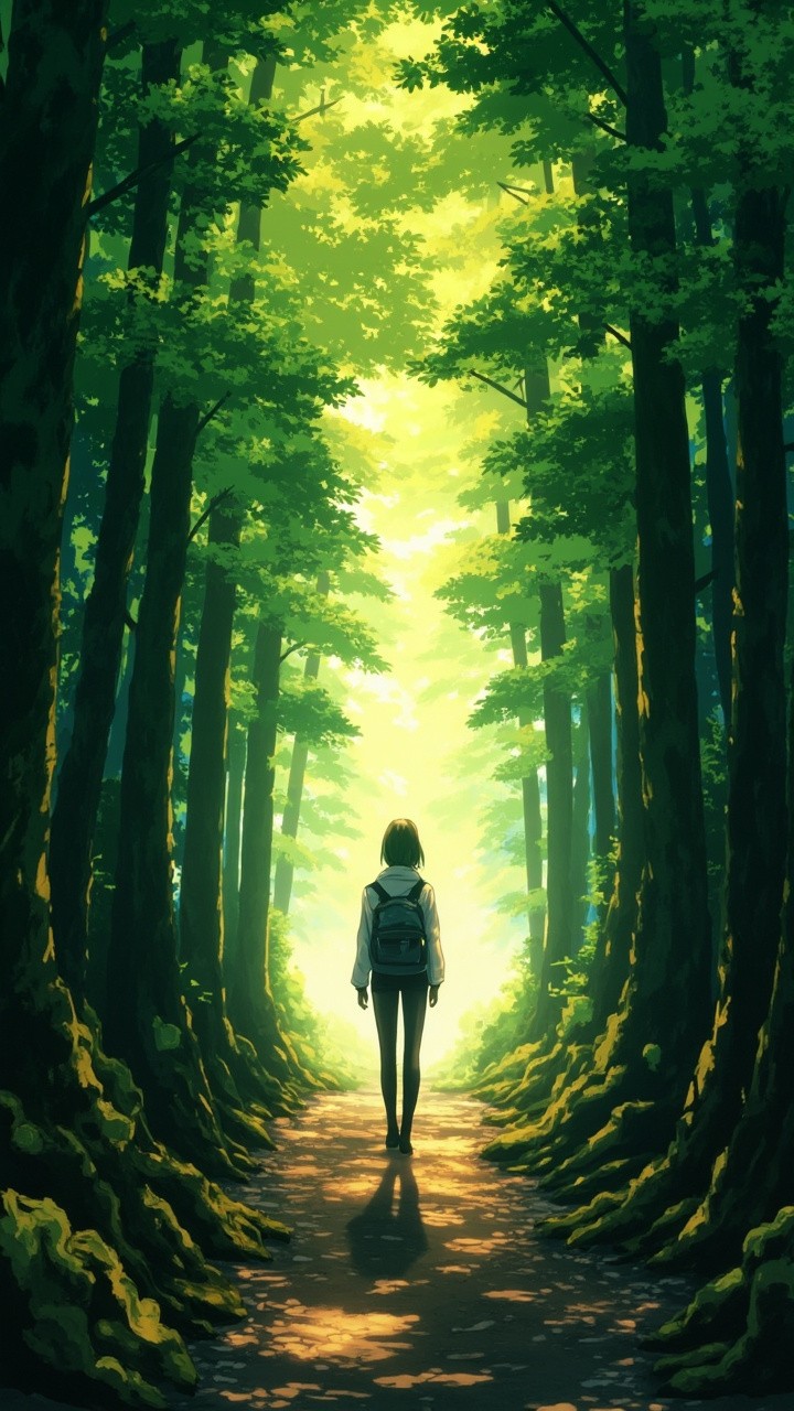 A Lone Hiker Strolling Through Peaceful Anime Forest