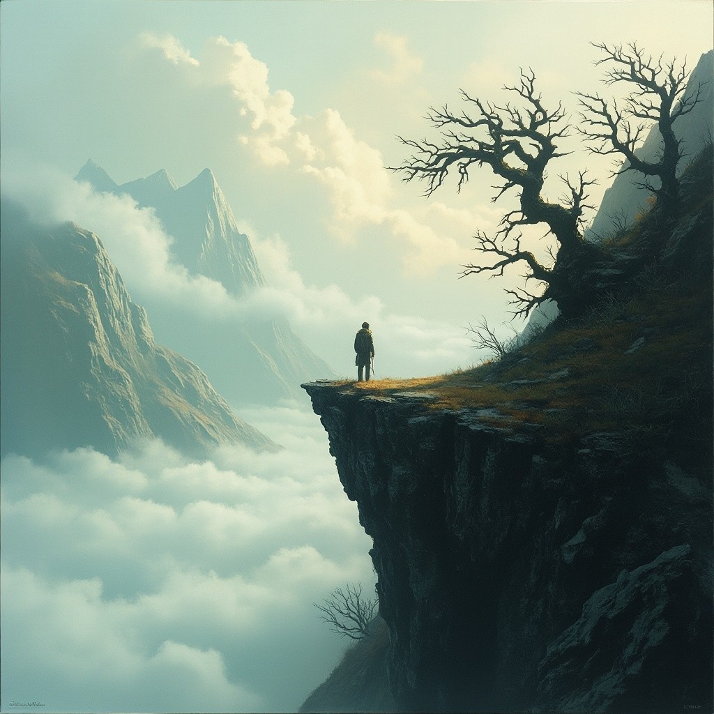 A Lone Wanderer Overlooking Misty Peaks and Clouds