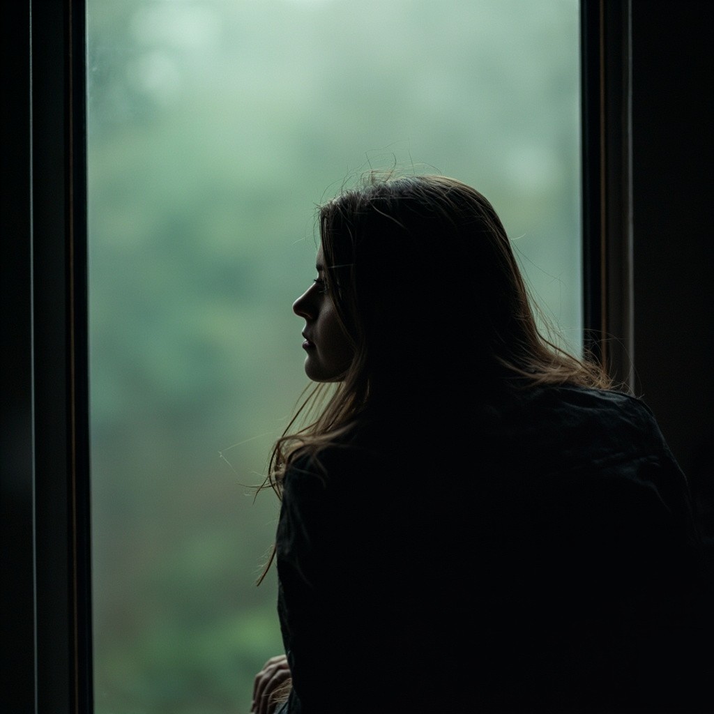 A Long-Haired Woman Gazing outside a Foggy Window