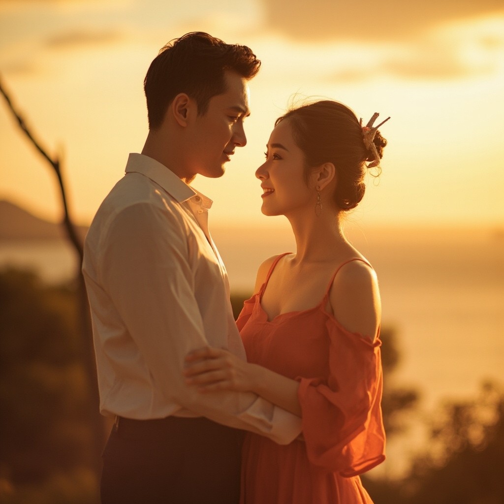 A Loving Couple in Scenic Park at Sunset