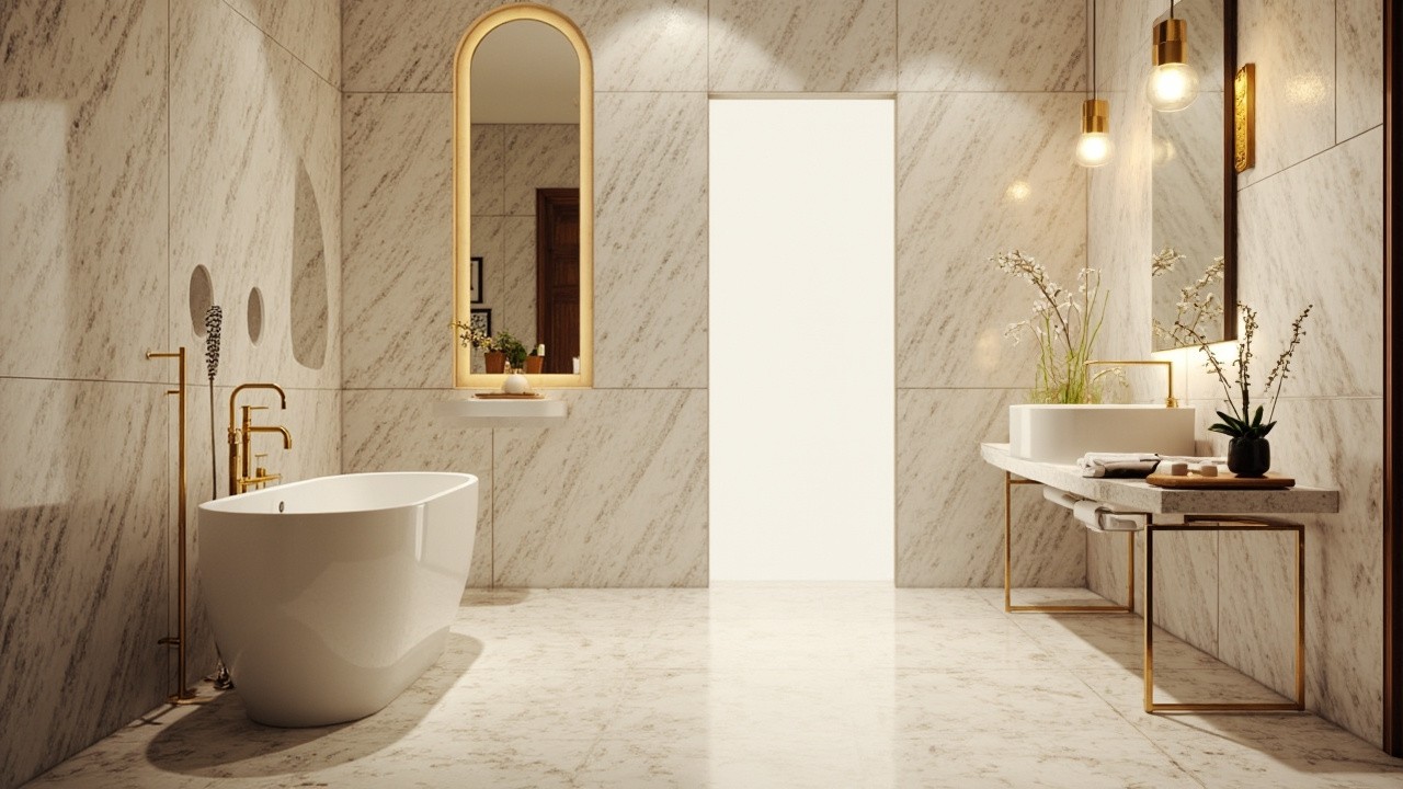 A Luxurious Bathroom with Gold Fixtures and Lighting