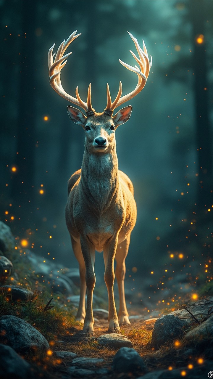 A Magical Deer Amidst Glowing Glade and Fireflies