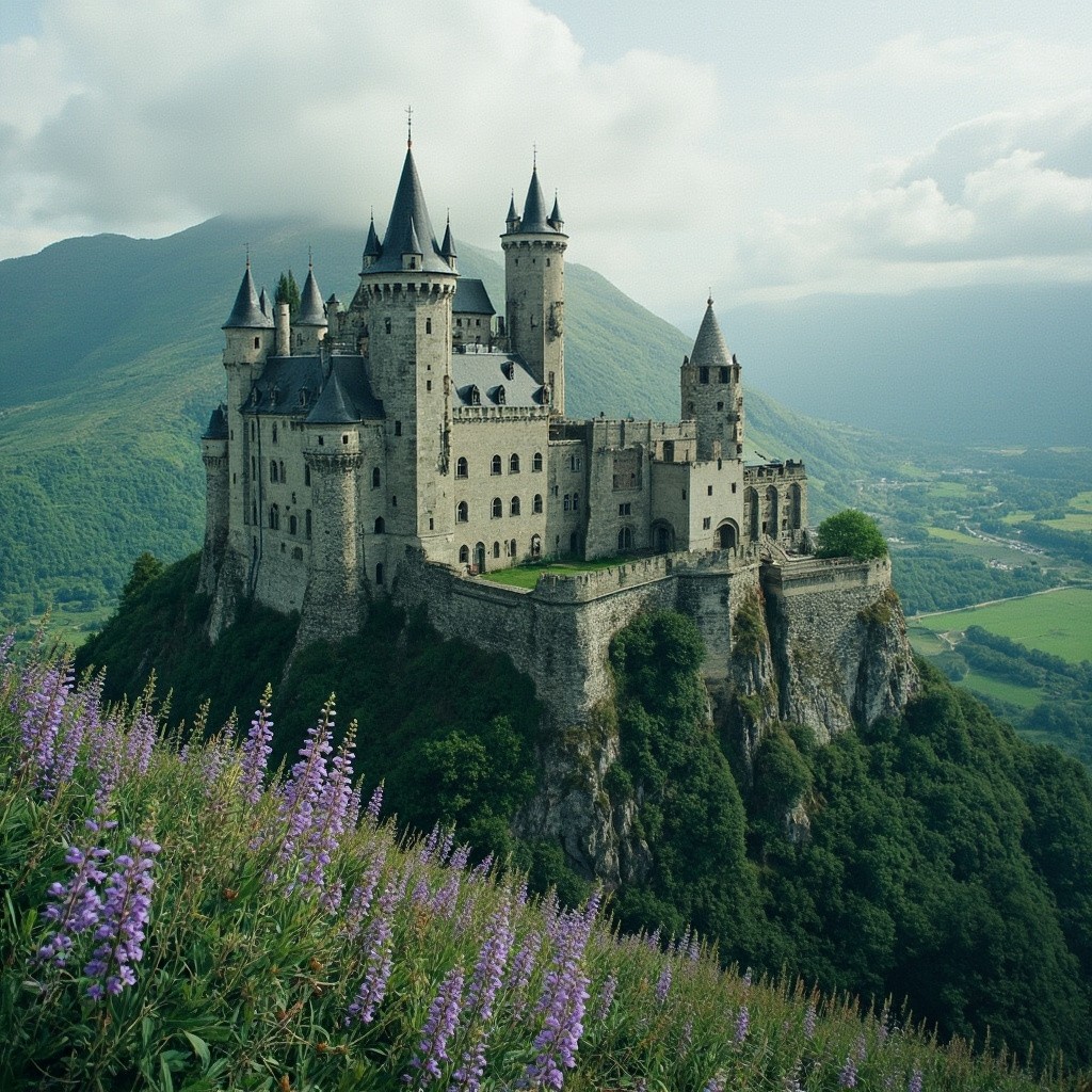 A Majestic Castle Amid Green Mountains and Flowers