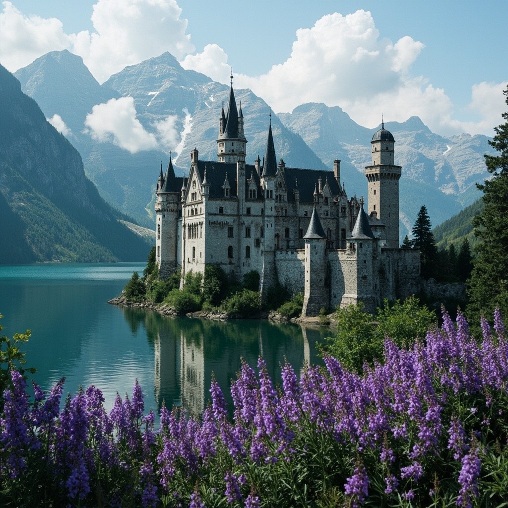 A Majestic Medieval Castle beside a Floral Lake