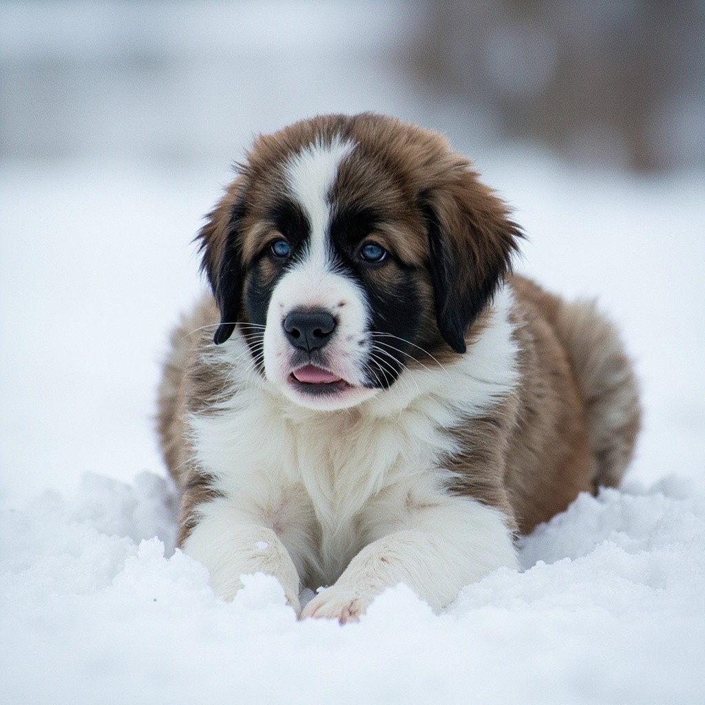 A Malian Boy Playing in Snow with St. Bernard Puppy