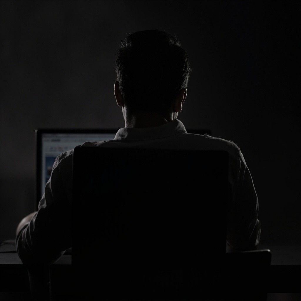 A Man's Backside View Using Laptop in Dark