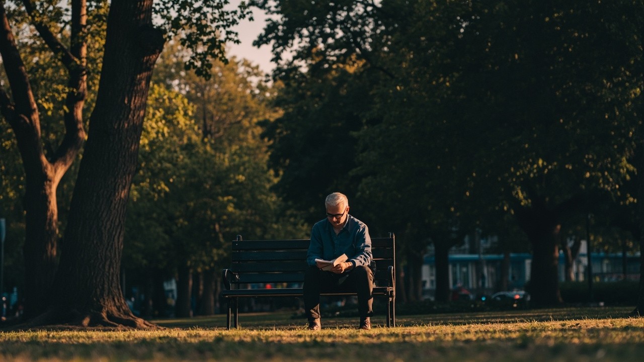 A Man Closing Book on Park Bench