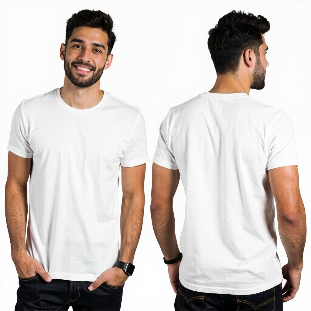 A Man Demonstrating Front and Back of T-Shirt