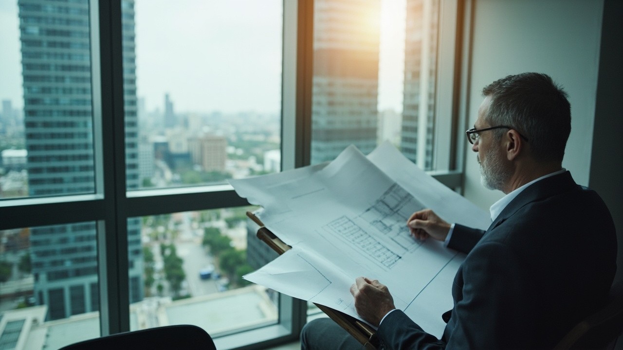 A Man Drafting Building Plans in Office
