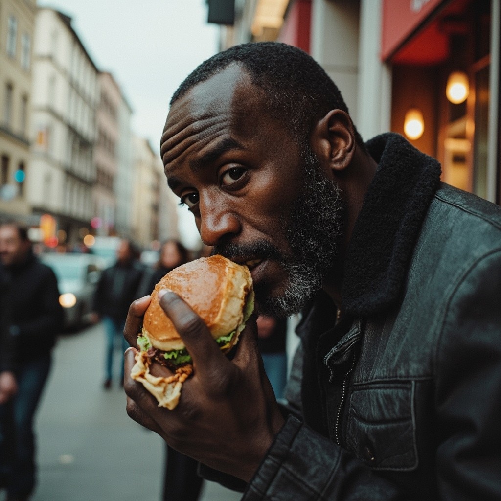 A Man Enjoying a Burger Outdoors