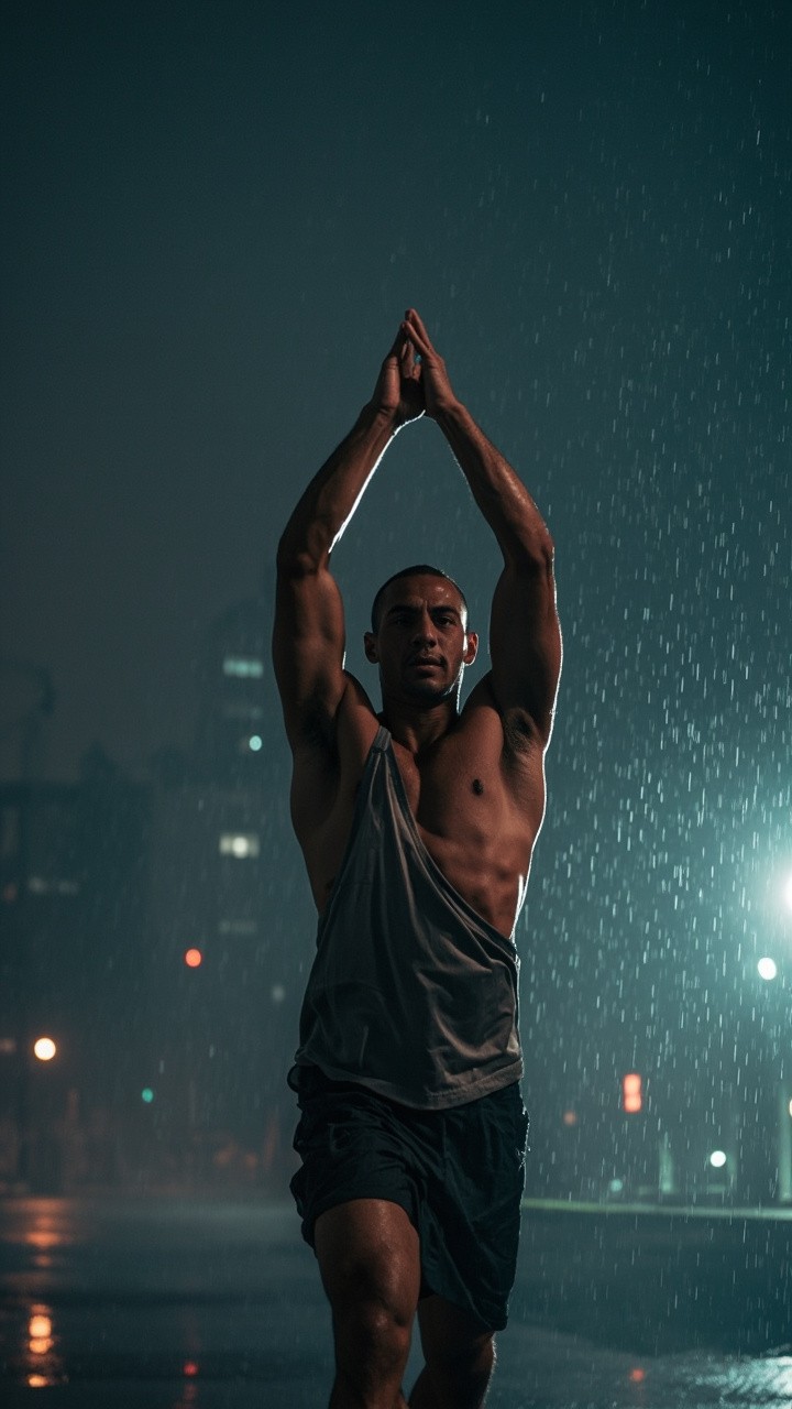 A Man Exercising in the Rain