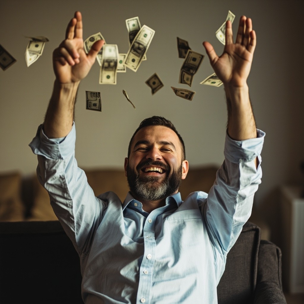 A Man Happily Throwing Money on a Couch