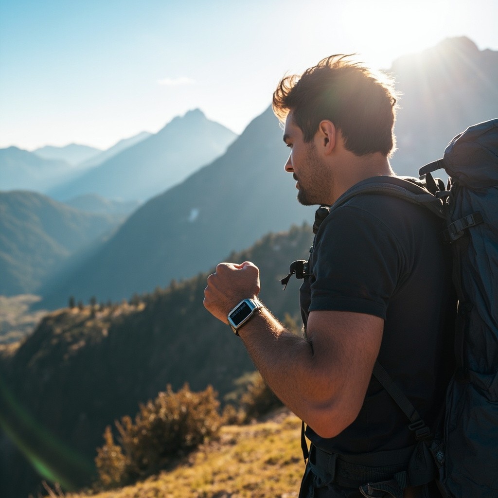 A Man Hiking and Checking His Watch