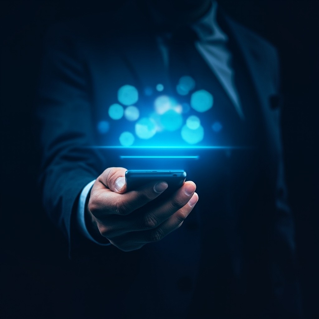 A Man Holding Smartphone Showing Glowing Interface