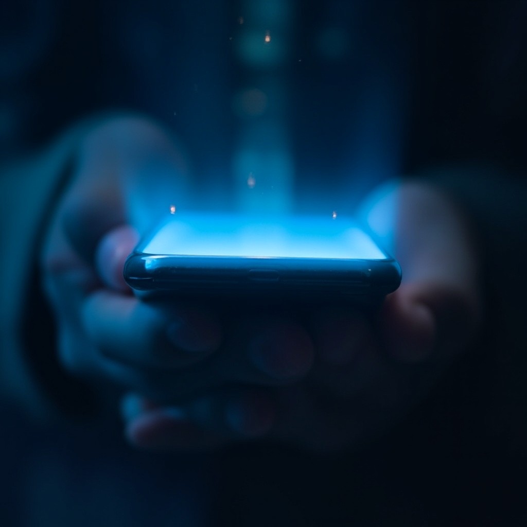 A Man Holding a Glowing Blue Digital Phone