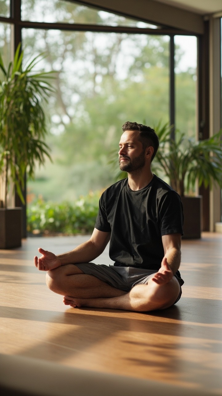 A Man Meditating in Calm, Plant-Filled Room
