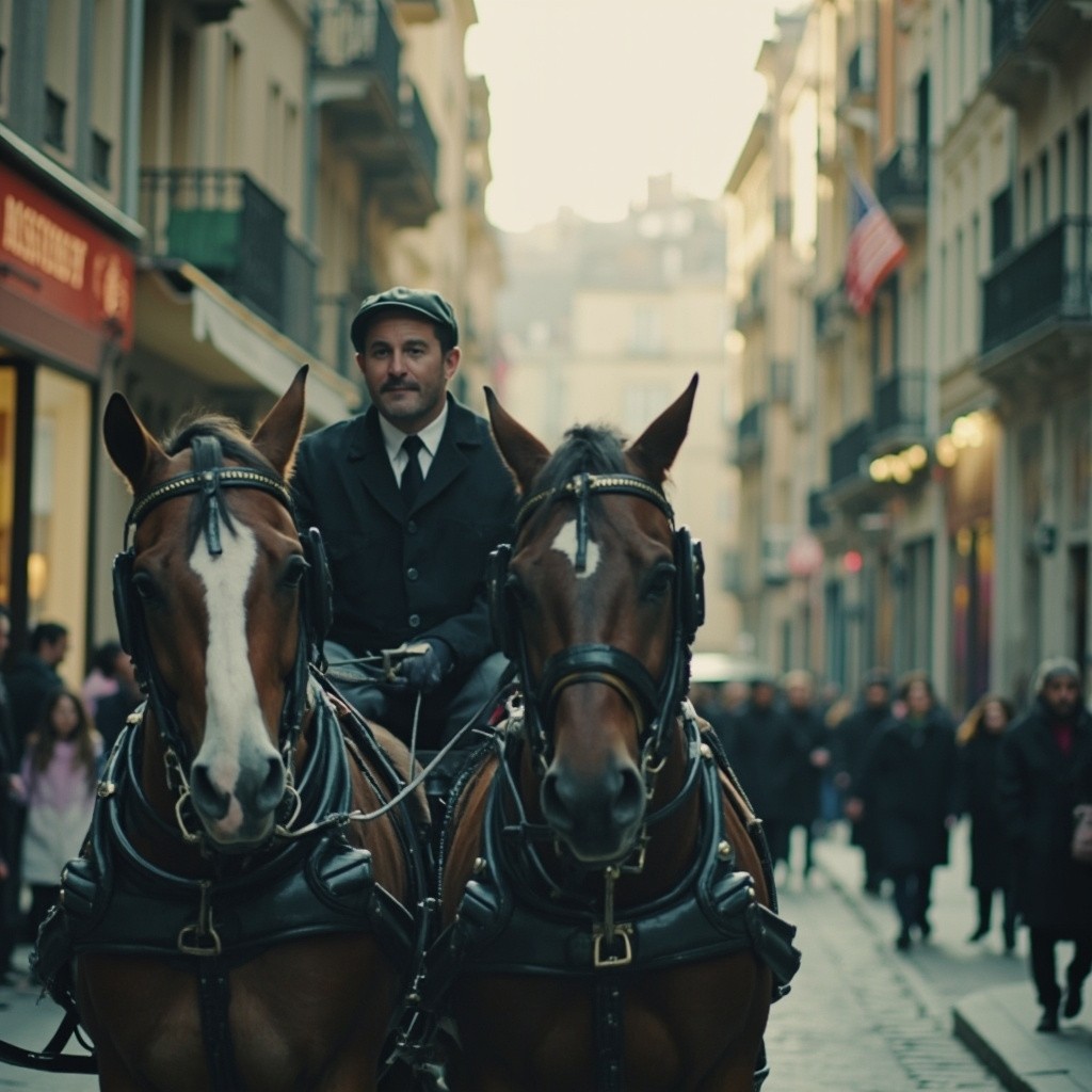 A Man Moving with Horse Cart in Quiet City