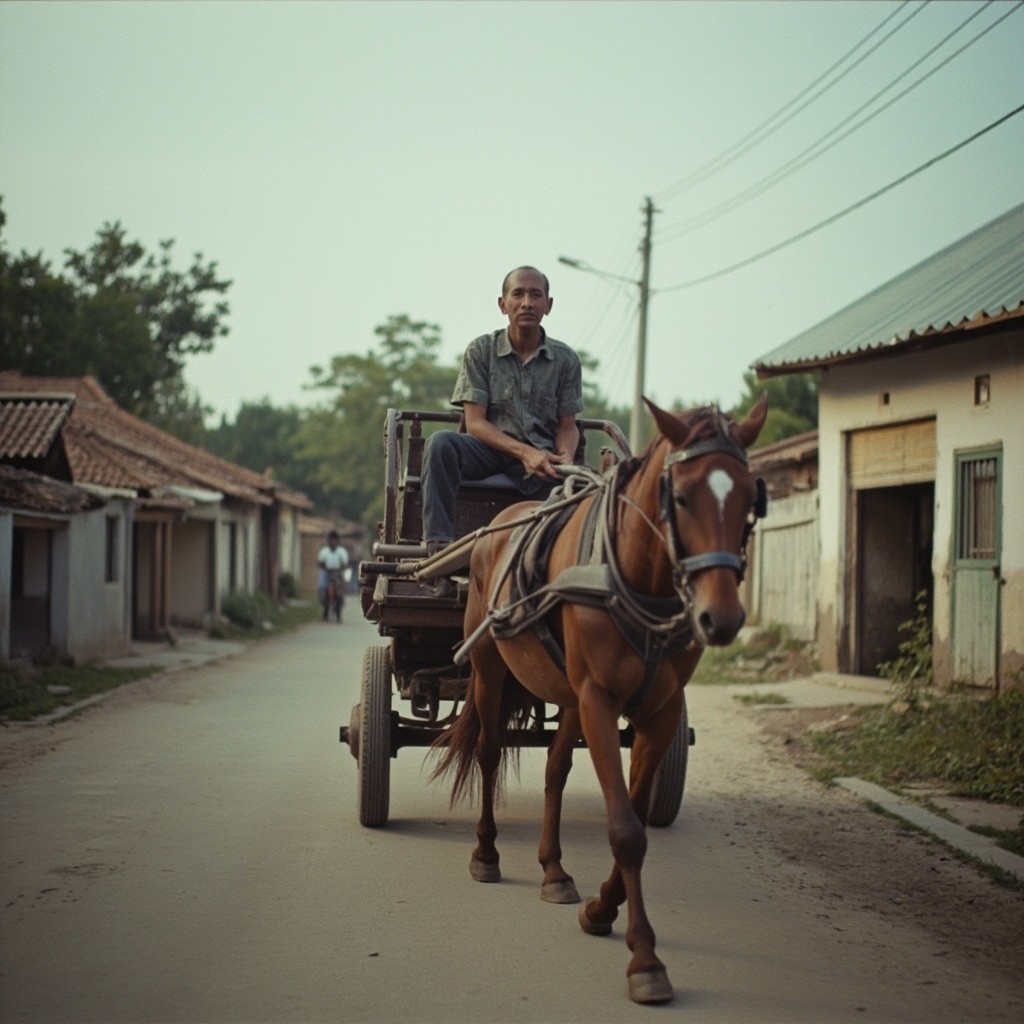 A Man Moving with a Horse Cart in a Quiet Agricultural City