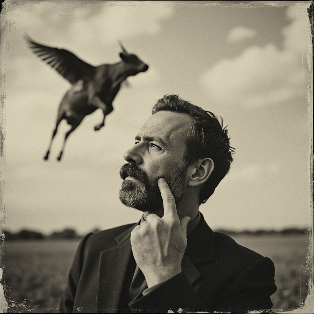 A Man Observing a Cow Flying in the Sky