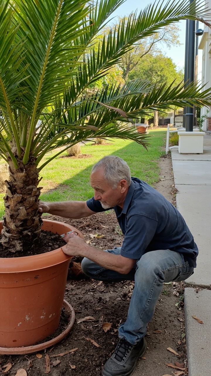 A Man Potting a Palm Tree