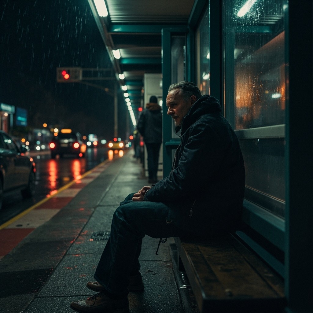 A Man Sitting at a Bus Stop in Heavy Rain