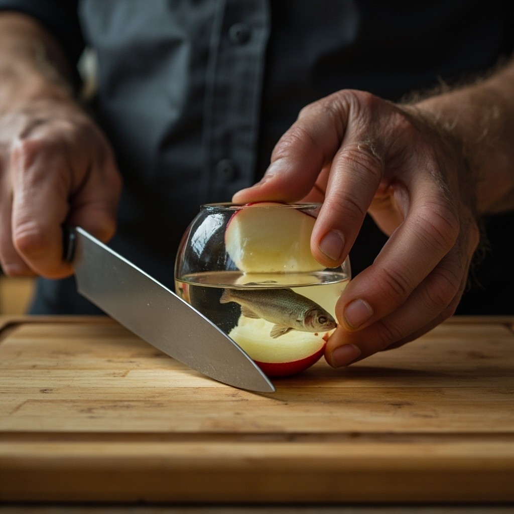 A Man Slicing Transparent Apple with Fish Inside