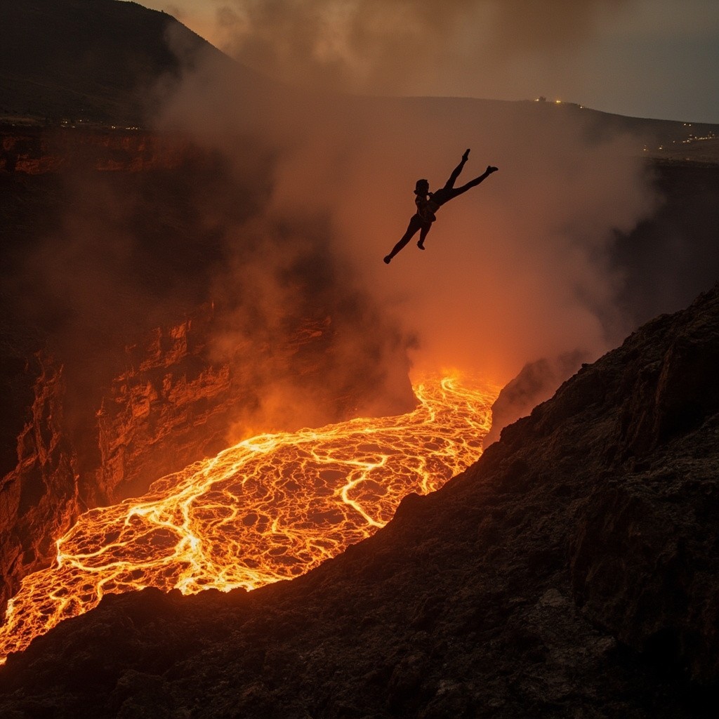 A Man Soaring Over a Lava Pool